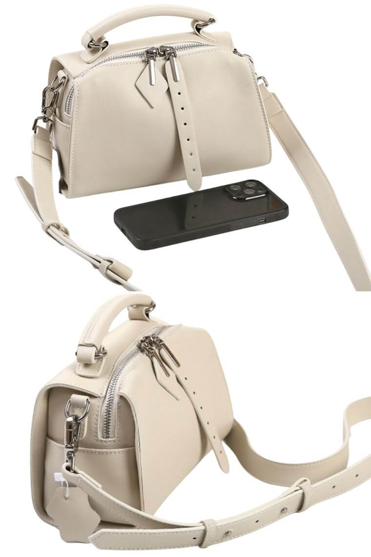 women white leather small boston bag with top carry handle and cross body strap zipper closure