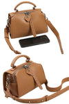 women brown leather small boston bag with top carry handle and cross body strap zipper closure