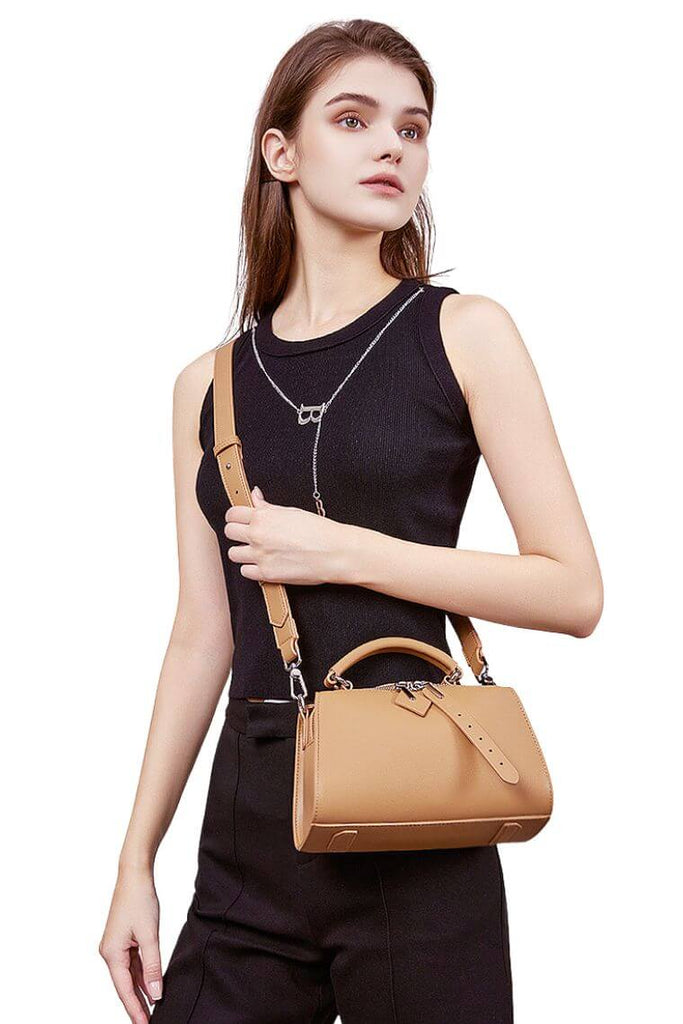 women real leather small boston bag with top carry handle and cross body strap zipper closure