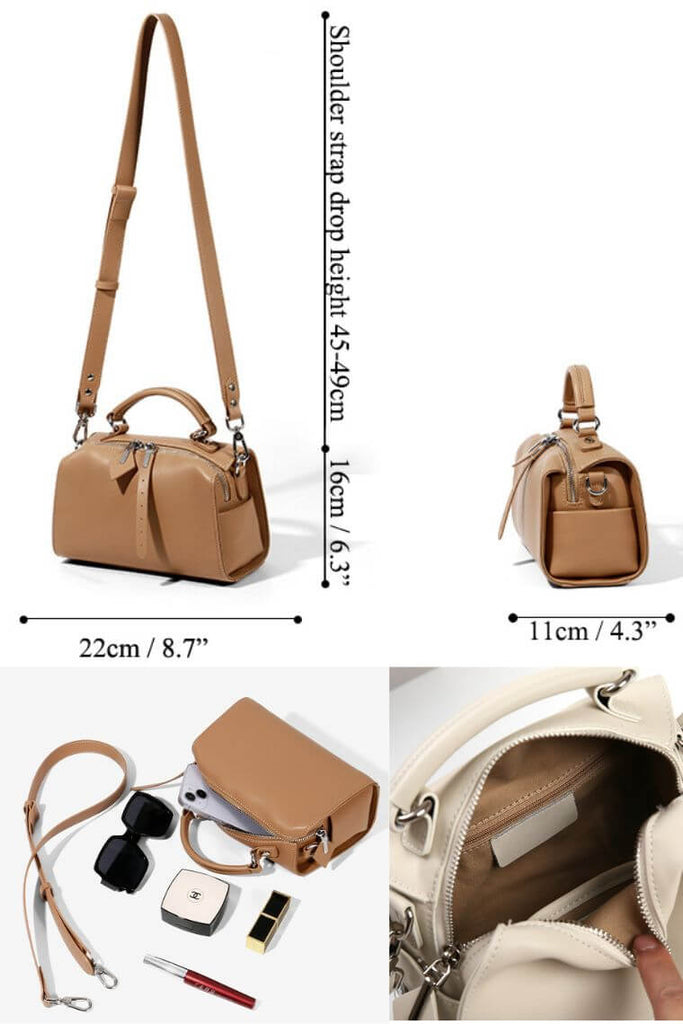 Leather Small Boston Bag W-Top Handle & Cross Body Strap Zipper