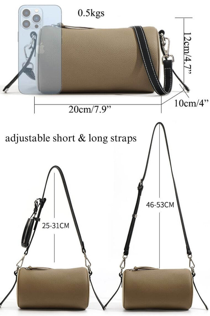 women leather small crossbody messenger bag in cylinder shape with coin purse in two tone color