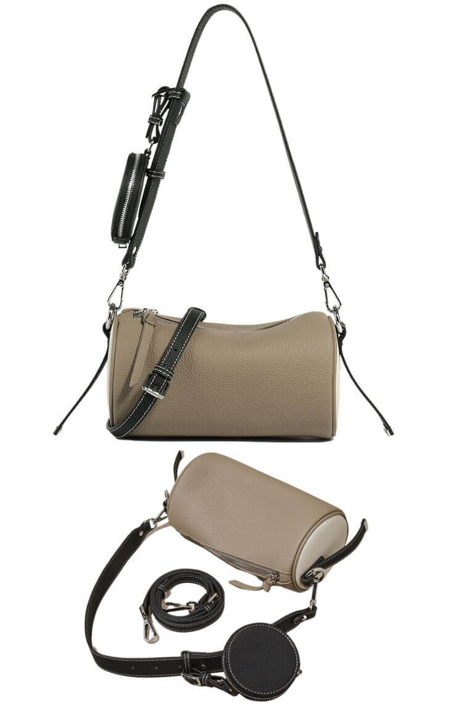 women grey leather small crossbody messenger bag in cylinder shape with coin purse in two tone color
