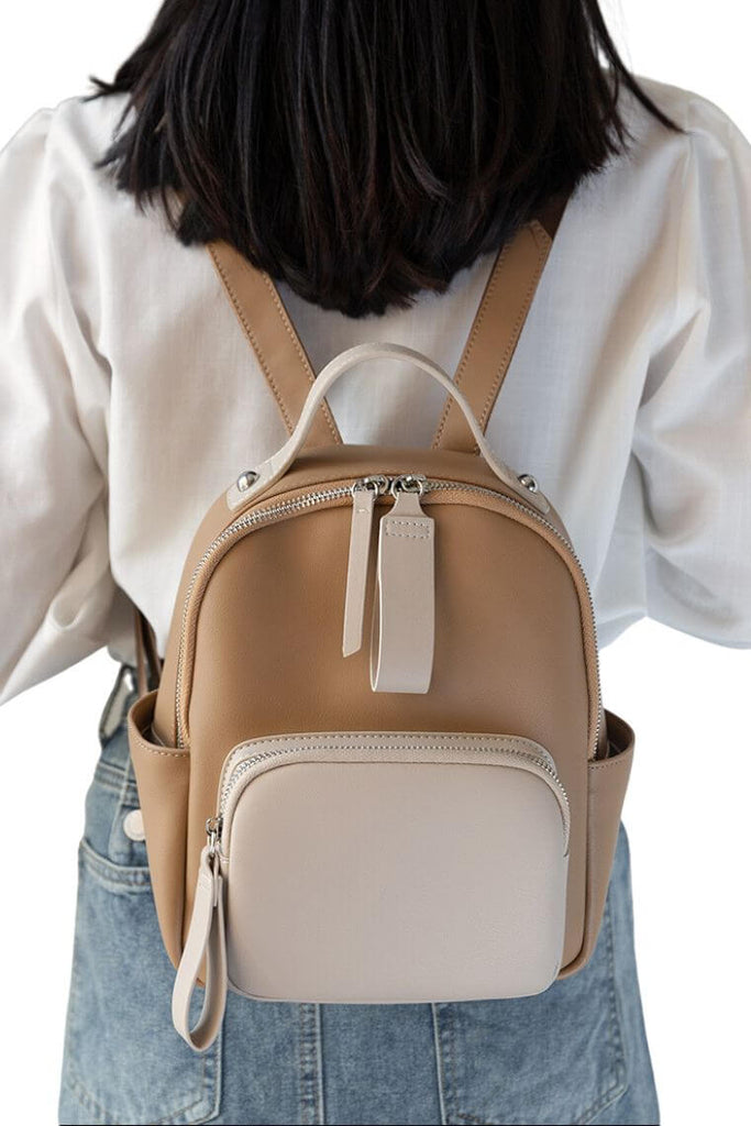 women minimalist leather travel backpack purse in color block with anti theft back zip pocket | Fashion two tone bagpack in waterproof real leather
