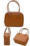 women mini retro tote bag in brown leather with crossbody long strap and zipper closure in square shape