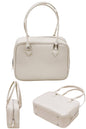 women mini retro tote bag in cream leather with crossbody long strap and zipper closure in square shape