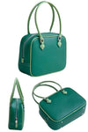women mini retro tote bag in green leather with crossbody long strap and zipper closure in square shape