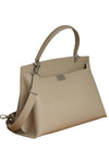 women designer briefcase in sand leather with top handle and crossbody strap and 2 zip pockets for travel or work