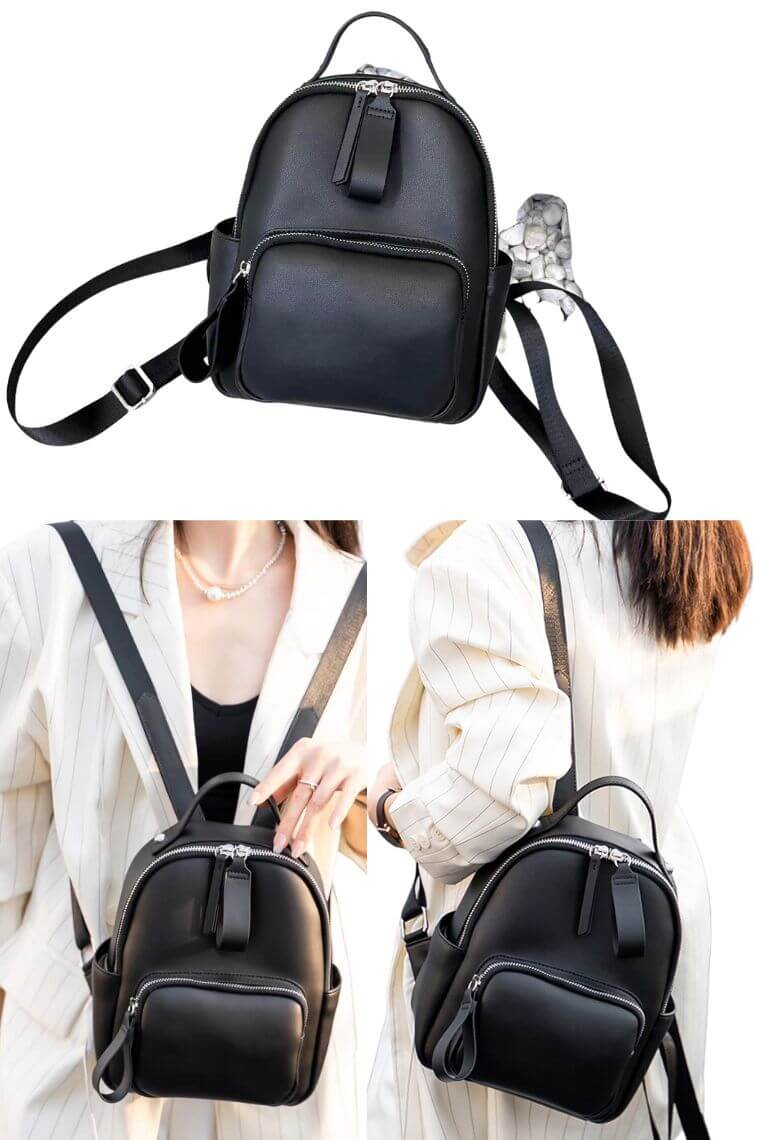 women small leather black backpack purse | Cute mini backpack with anti theft back zip pocket | Minimalist bagpack for teenage girl