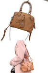 women cute small brown sheep leather crossbody tote bag in square shape with convertible chain strap and pendant