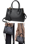 women small crossbody tote bag in black leather with hanging charm for work or everyday use