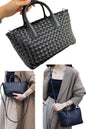 women small designer tote bag in black woven leather with crossbody long strap and small pouch