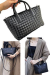women small designer tote bag in black woven leather with crossbody long strap and small pouch