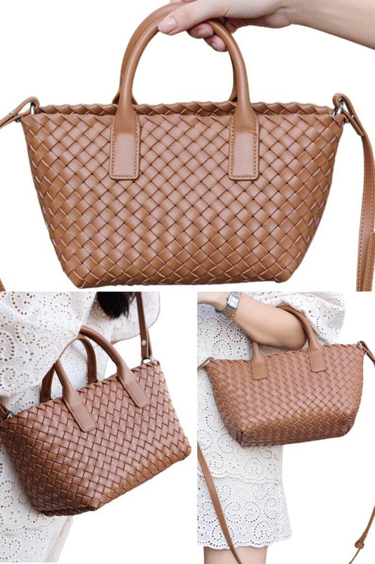 women small designer tote bag in brown woven leather with crossbody long strap and small pouch