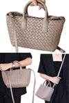 women small designer tote bag in grey woven leather with crossbody long strap and small pouch