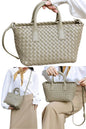 women small designer tote bag in light green woven leather with crossbody long strap and small pouch