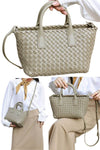 women small designer tote bag in light green woven leather with crossbody long strap and small pouch