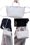 women small designer tote bag in white woven leather with crossbody long strap and small pouch