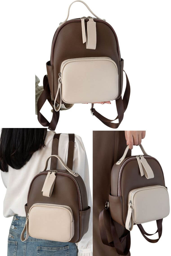 women small leather backpack purse in dark brown & cream | Color Block mini backpack with anti theft back zip pocket | Minimalist bagpack in two tone color