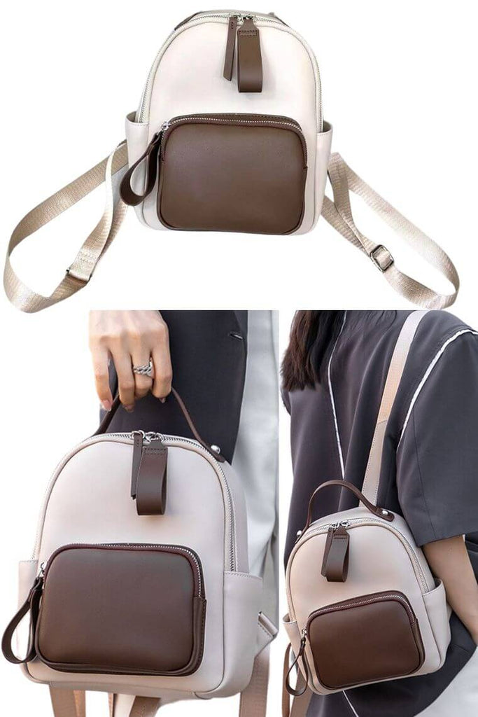Women Leather Small Two Tone Color Block Travel Backpack Purse Black