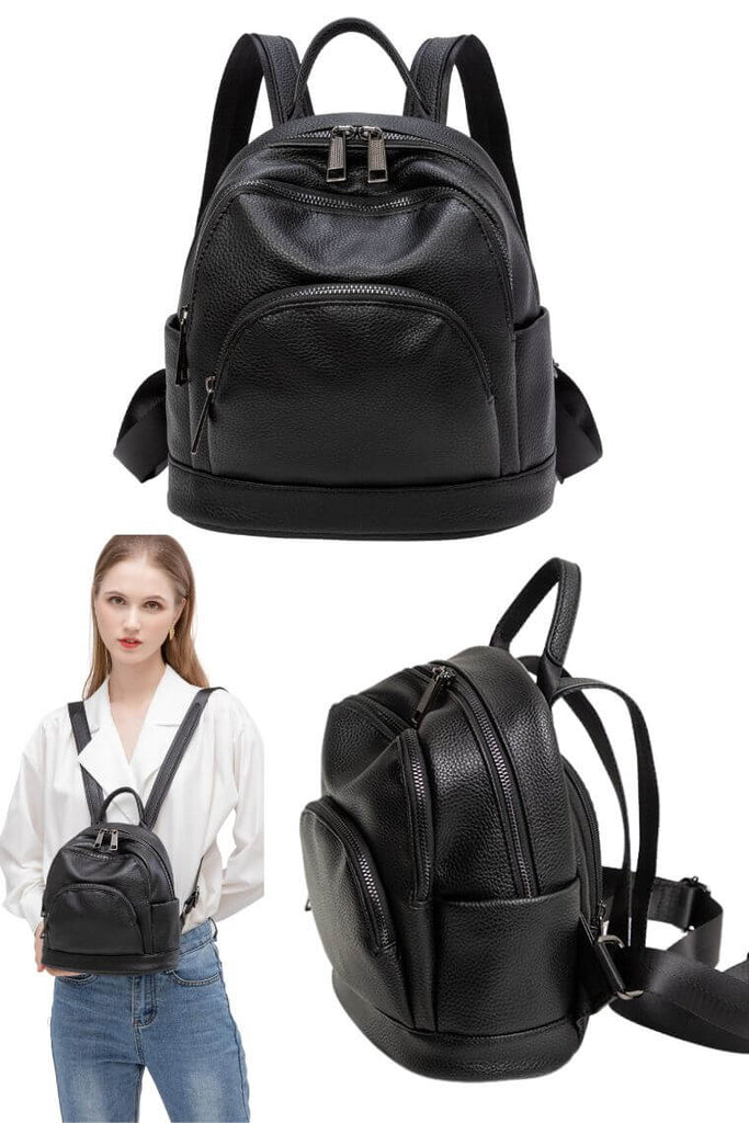 Black mini backpack purse for fashion ladies in waterproof vegan leather with multi pockets