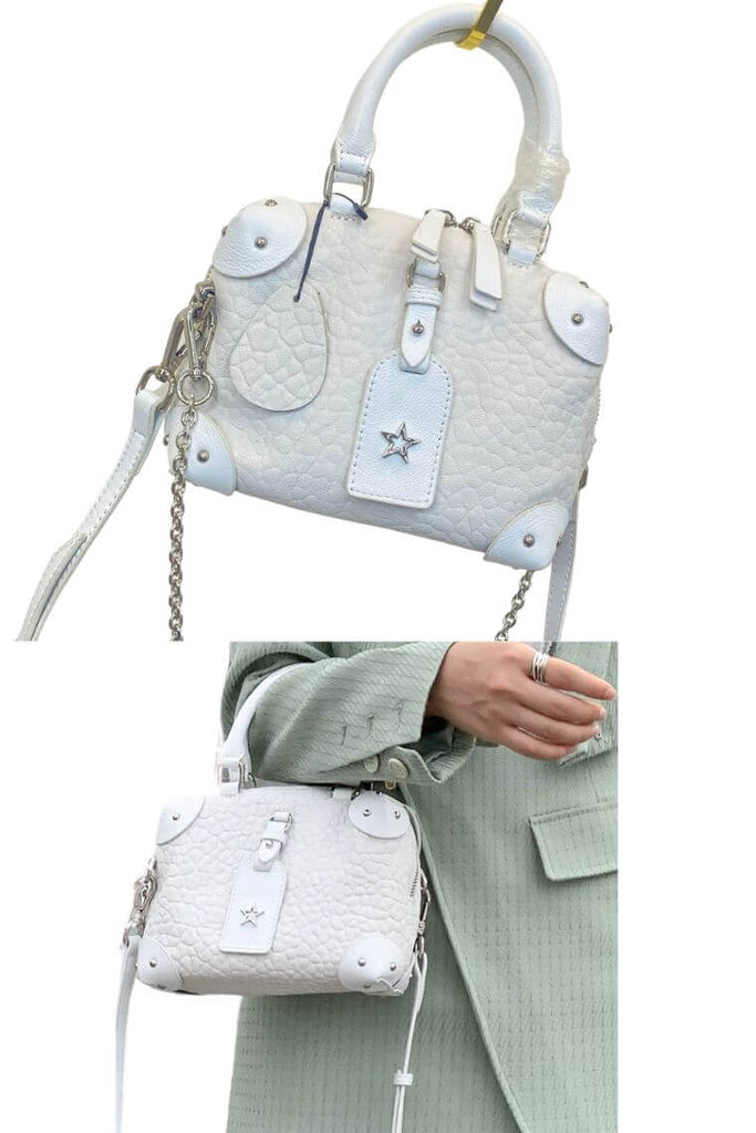 women cute small white sheep leather crossbody tote bag in square shape with convertible chain strap and pendant