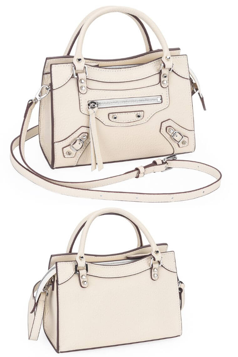 women fashion beige pebbled leather small satchel city bag with a hands-free crossbody strap and  top handles and multiple zip pockets for everyday use and fits for casual or formal occasions