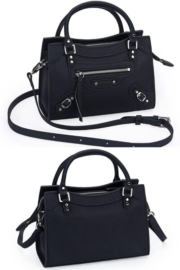 women stylish black pebbled leather small satchel city bag with a hands-free crossbody strap and  top handles and multiple zip pockets for everyday use and fits for casual or formal occasions
