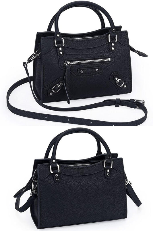 women stylish black pebbled leather small satchel city bag with a hands-free crossbody strap and  top handles and multiple zip pockets for everyday use and fits for casual or formal occasions