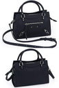 women stylish black pebbled leather small satchel city bag with a hands-free crossbody strap and  top handles and multiple zip pockets for everyday use and fits for casual or formal occasions