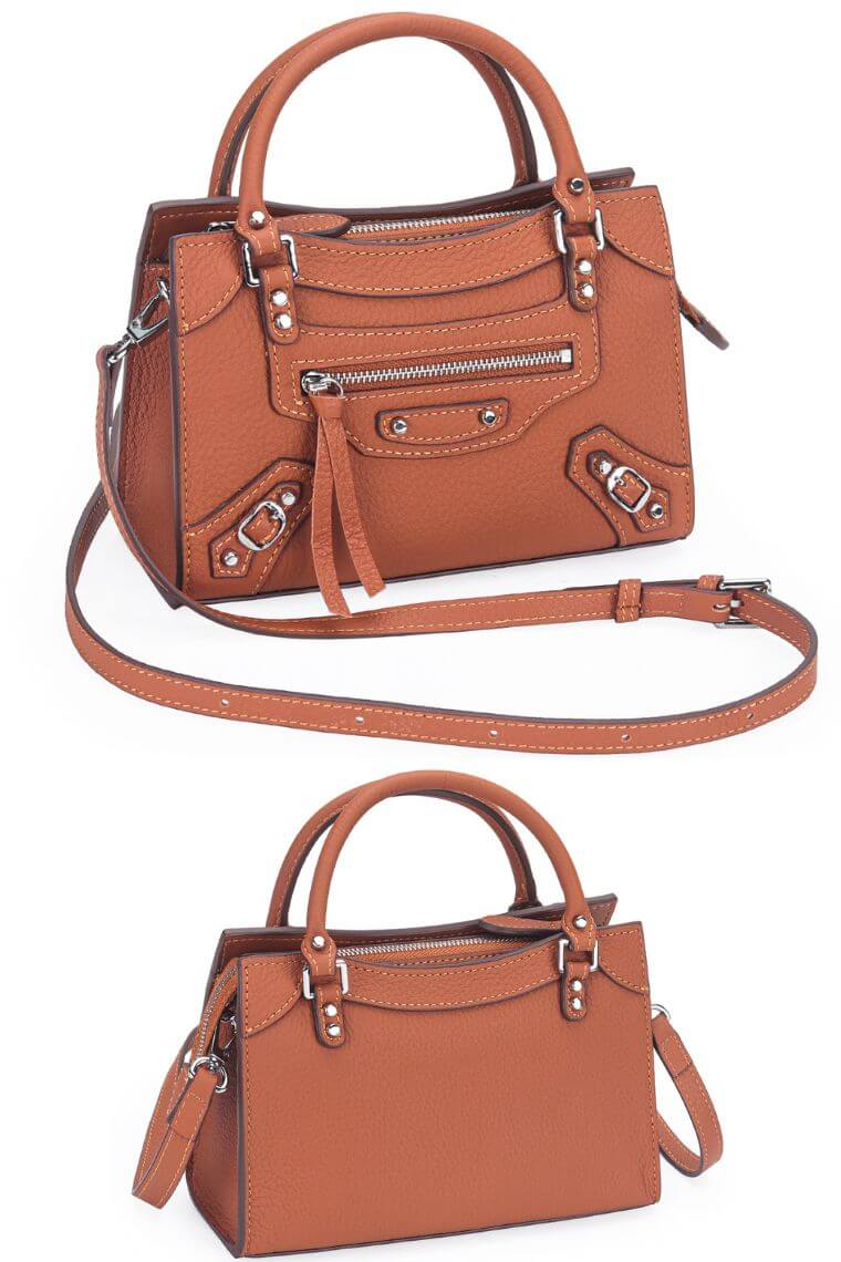 women stylish brown pebbled leather small satchel city bag with a hands-free crossbody strap and  top handles and multiple zip pockets for everyday use and fits for casual or formal occasions
