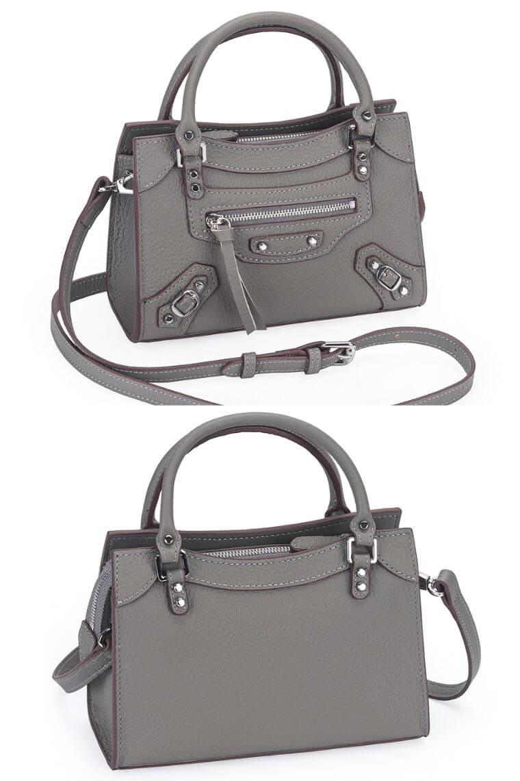 women fashion grey pebbled leather small satchel city bag with a hands-free crossbody strap and  top handles and multiple zip pockets for everyday use and fits for casual or formal occasions