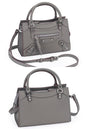 women fashion grey pebbled leather small satchel city bag with a hands-free crossbody strap and  top handles and multiple zip pockets for everyday use and fits for casual or formal occasions