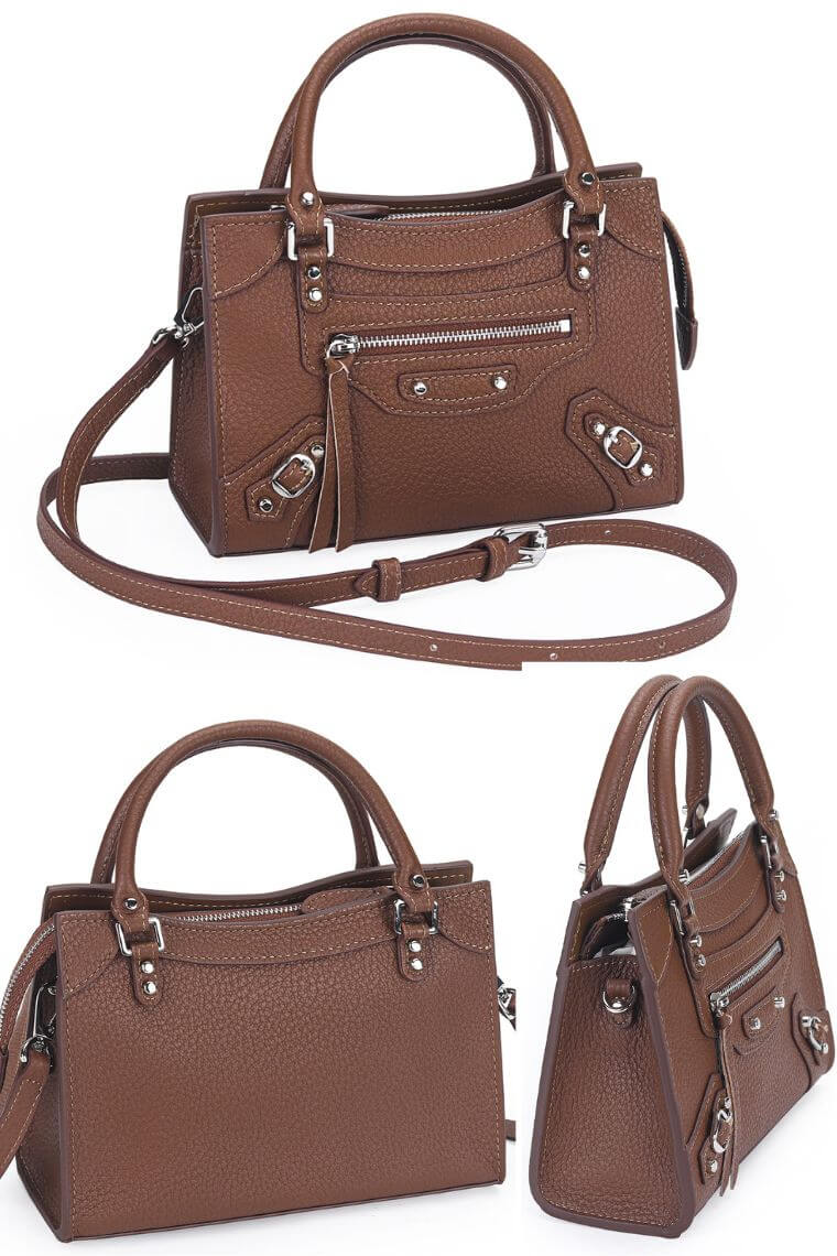 women stylish khaki pebbled leather small satchel city bag with a hands-free crossbody strap and  top handles and multiple zip pockets for everyday use and fits for casual or formal occasions