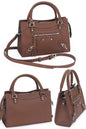 women stylish khaki pebbled leather small satchel city bag with a hands-free crossbody strap and  top handles and multiple zip pockets for everyday use and fits for casual or formal occasions
