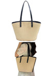 women summer straw tote bag with black leather trim | straw shoulder bag with adjustable leather handles 