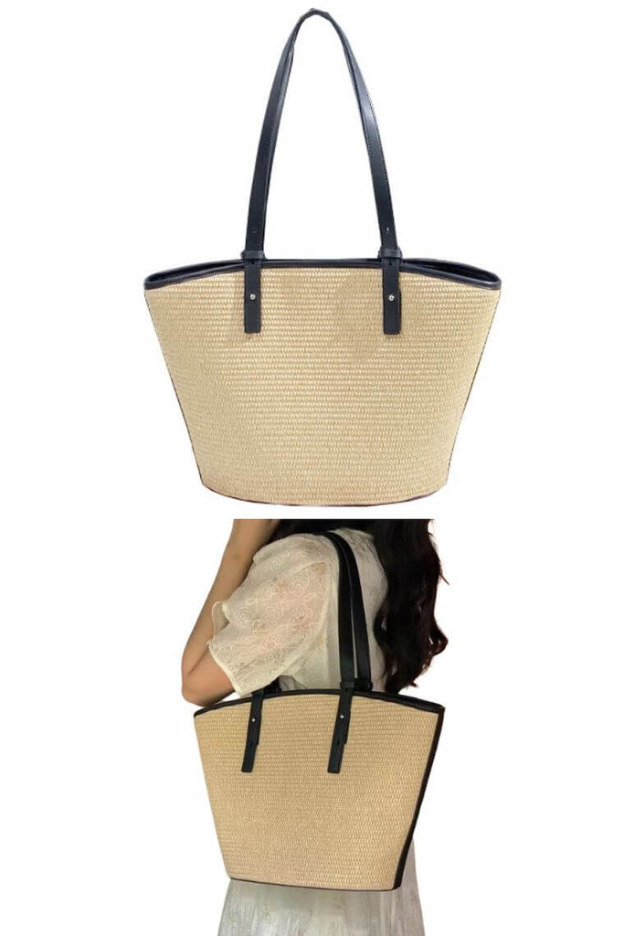 Large Straw Beach Bag for Womens, Straw Handbag Woven Tote Bag with Zipper Summer Straw Shoulder Bag