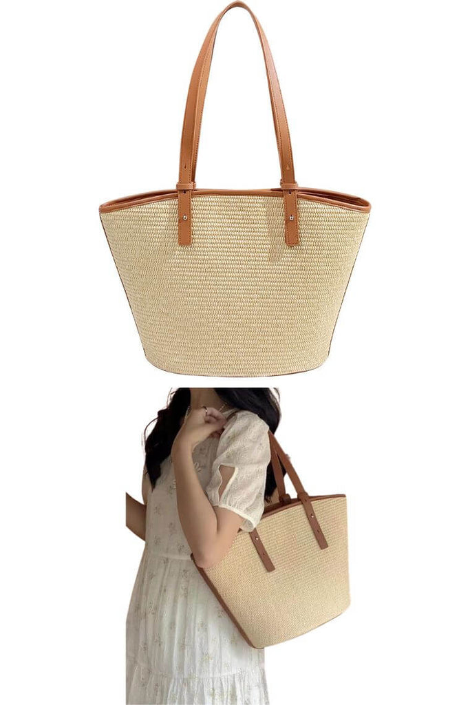 women summer straw tote bag with brown leather trim | straw shoulder bag with adjustable leather handles | fashion straw handbag with magnet closure