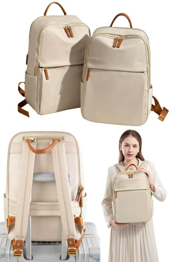 women laptop backpack purse in waterproof beige nylon with trolley sleeve for travel or commuter