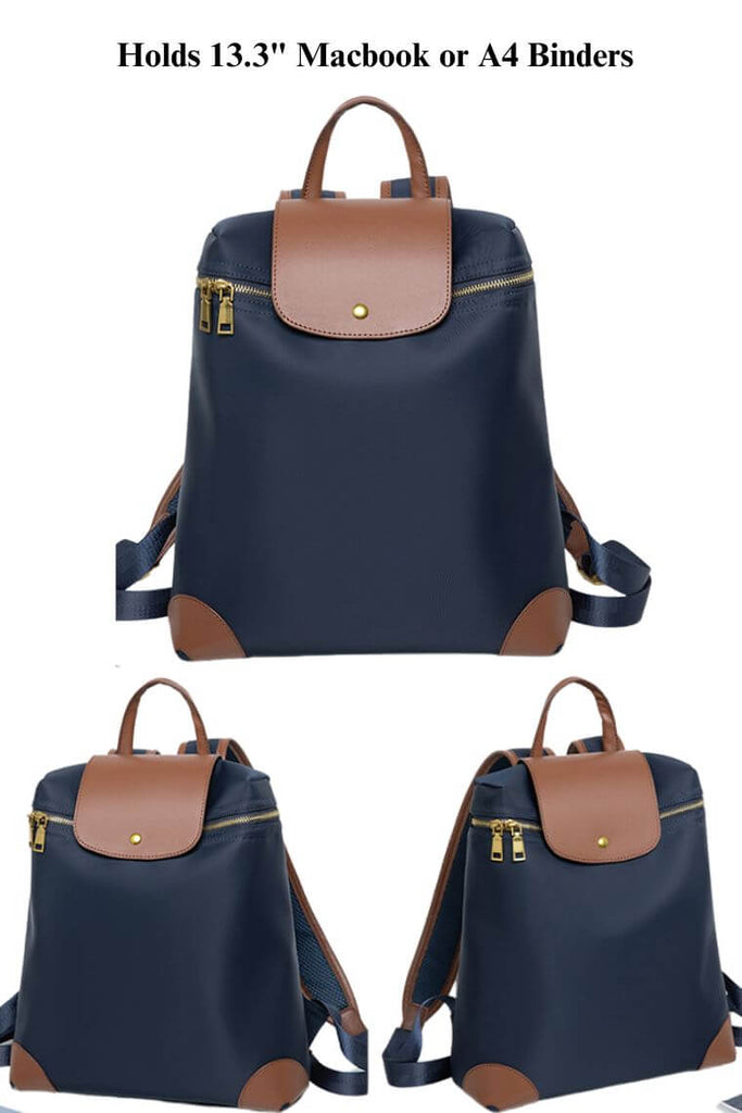 women designer 13 inch Macbook backpack purse in waterproof navy nylon with flap and trolley sleeve for commute or travel