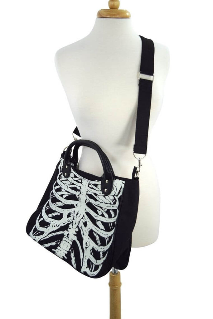 Gothic crossbody canvas bag | women canvas tote bag with glow in the dark skeleton print | canvas shopping tote with crossbody strap