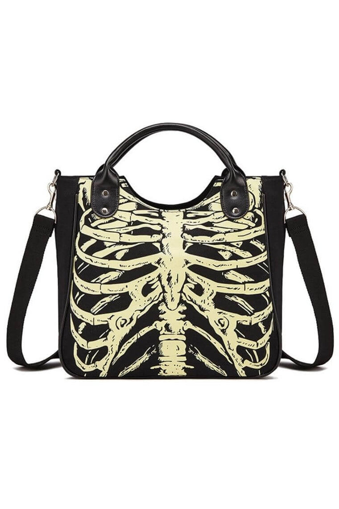 reflective gothic skeleton black canvas satchel bag | canvas shopping bag with skeleton print | luminous bag with ribcage print 