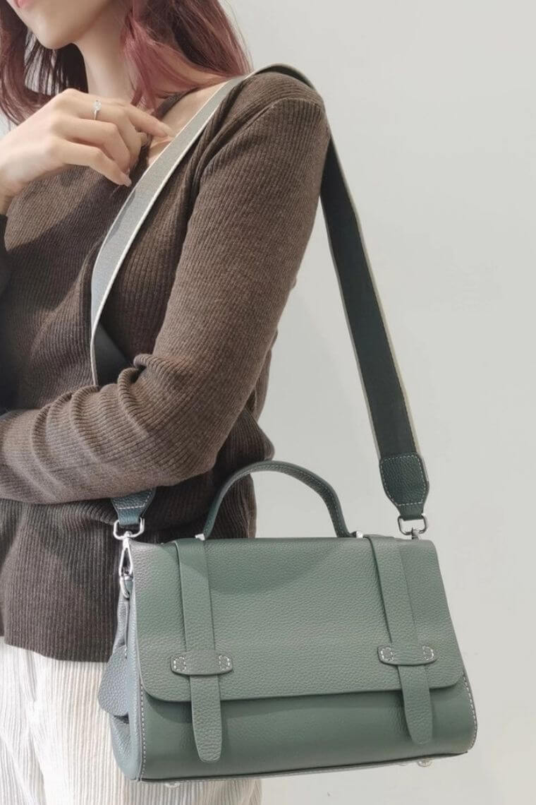 green leather crossbody bag with top handle | green women messenger bag with flap | green satchel bag for women | Women briefcase in pebbled leather