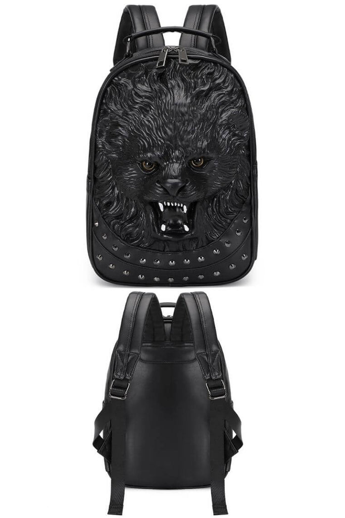 Black Unisex punk backpack with 3D sculpted lion head | waterproof travel backpack with gothic lion head | Laptop backpack with studs | Gothic backpack with 3D embossed lion head | Cool backpack with lion | Custom backpack with lion & studs
