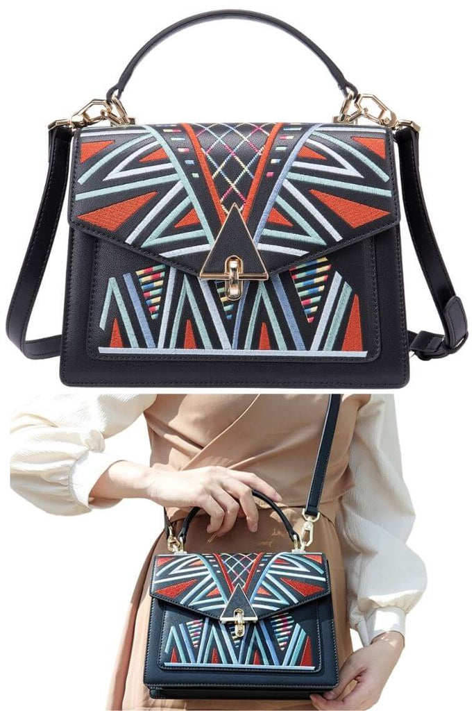 Black multicolor embroidery leather bag