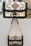 Black embroidery bag | Geometric leather crossbody bag | Black leather sling bag with chain strap | Black flap bag with press lock