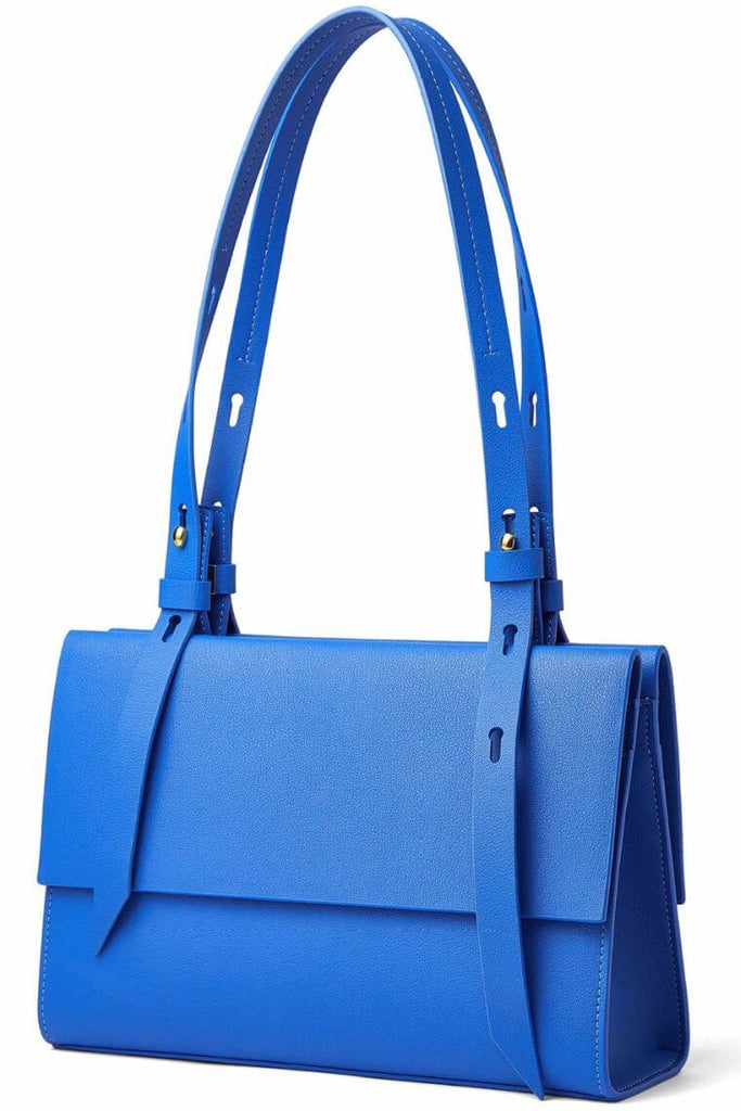 blue leather tote bag with adjustable handles | women shoulder bag with triple  compartments | fashion carry bag with magnet flap closure