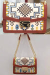 Brown embroidery bag | Geometric leather crossbody bag | Brown leather sling bag with chain strap | Brown flap bag with press lock