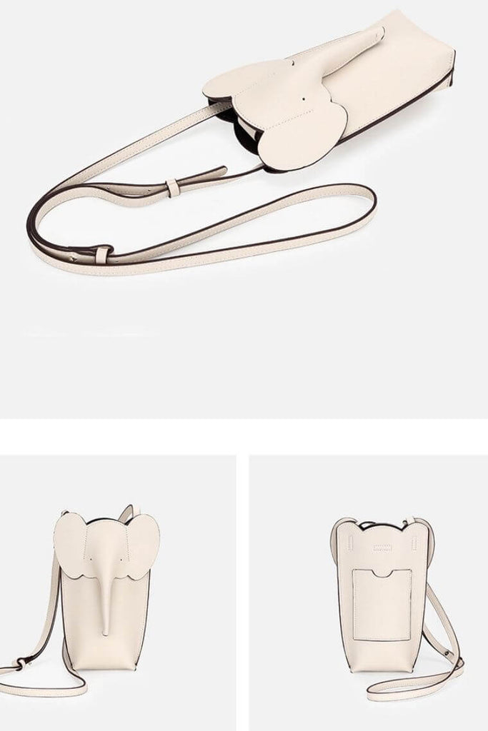 White Leather Mini Crossbody Bag Cute Elephant Phone Pouch Coin Purse