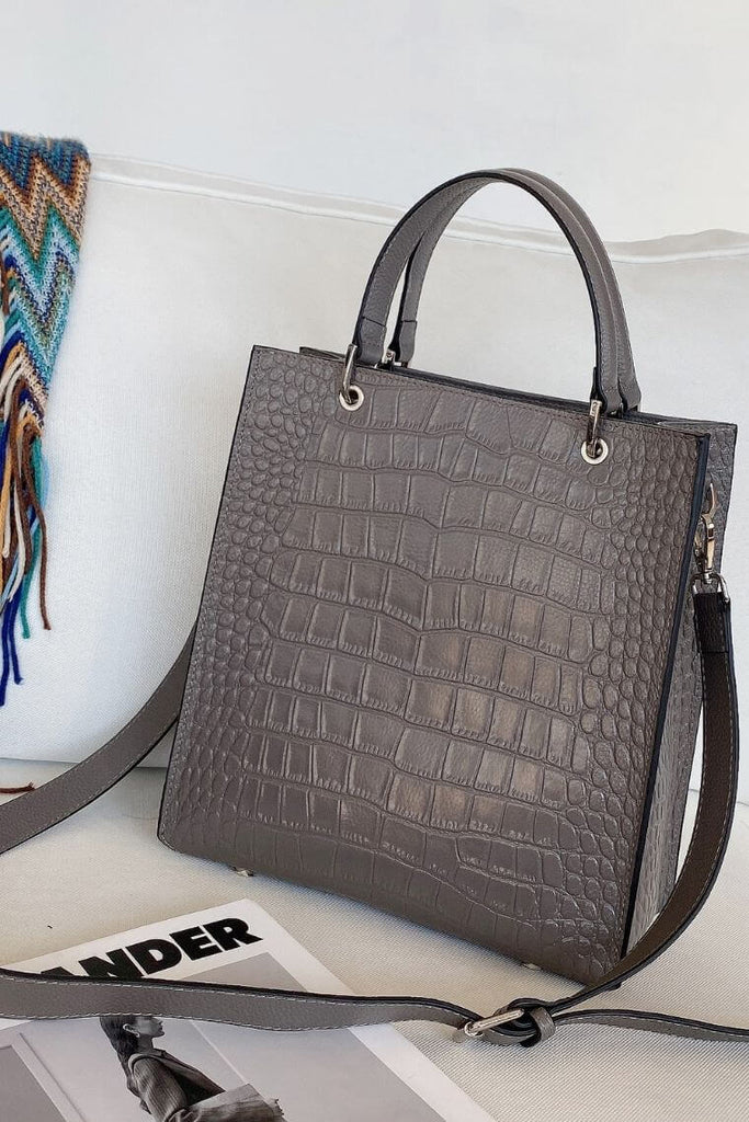 Pewter Gray Croc Priint Leather cross body tote bag