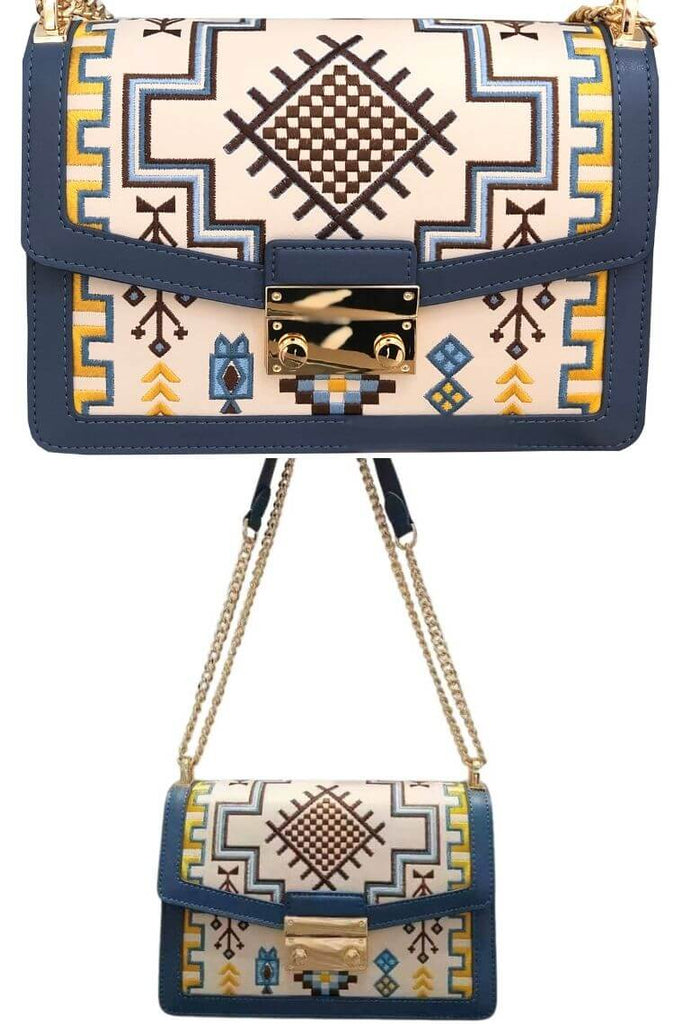 Blue embroidery bag | leather crossbody bag with geometric embroidery | Blue leather sling bag with chain strap | Blue flap bag with press lock